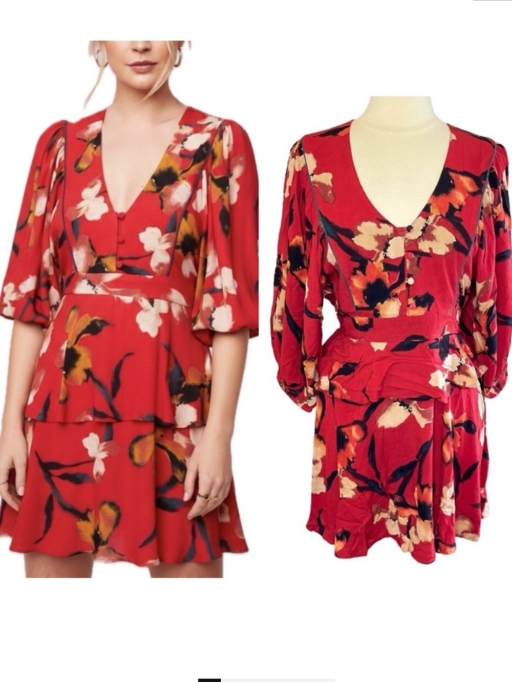 NWT BAND OF THE FREE Dolly Red Floral Puff-Sleeve Mini Dress M